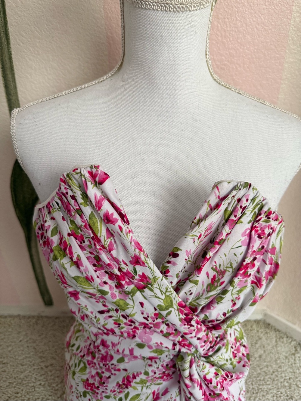 Strapless Floral Twist Front Women’s Dress Pink & White